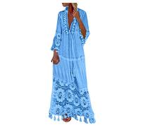 TRIGLICOLEUM Strandkleid Frauen Bohemian Sommerkleid Lange Kleider mit Spitze Langarm Tunika Kleid V-Ausschnitt Große Größen Maxikleid A-Linien-Kleid Freizeitkleid Urlaubskleid, Hellblau, 4XL