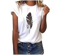 TRIGLICOLEUM T Shirt Damen Oberteile Shirts Mode Federdruck Tops O-Ausschnitt Kurzarm Tshirt Pullover Casual T-Shirt Bluse Tunika Teenager Mädchen Shirt Lockere Blusentops Longshirt,#11 Weiß, XXL