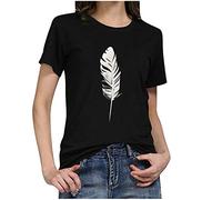 TRIGLICOLEUM T Shirt Damen Oberteile Sommer Shirts Mode Federdruck Tops O-Ausschnitt Kurzarm Tshirt Pullover Casual T-Shirt Bluse Tunika Teenager Shirt Lockere Blusentops Longshirt, #11 Schwarz