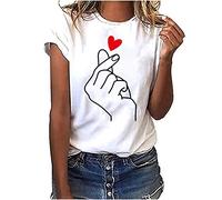 TRIGLICOLEUM Tshirt Damen Tops Mode Liebe Herz Drucken Shirts Weiss T-Shirt Kurzarm Oberteile mit Rundhals Herbst Winter Basic Shirt Pullover Lockere Bequeme Tunika Bluse Longshirt für Frauen