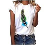 TRIGLICOLEUM Tshirt Damen Tops Mode Shirts mit Federdruck T-Shirt Kurzarm Oberteile Rundhals Herbst Winter Shirt Pullover Lockere Tunika Bluse Longshirt für Frauen, #09 Grün