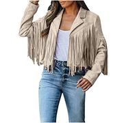 TRIGLIKOLEUM Damen Faux Wildleder Lederjacke Crop Fransenmantel im Cowboy-Stil Retro Einfarbig Herbstjacke Langarm Übergangsjacke Fransen Jacke mit Umlegekragen Kurze Strickjacke Mit Quasten