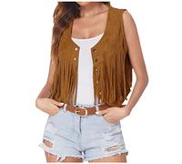 TRIGLIKOLEUM Damen Wildleder Weste Mit Fransen Ethnischen Stil Ärmellose Vest Jacke Große Größen Fransenweste Mantel mit Quasten Herbstjacke Lose Einfarbige Übergangsjacke Mittellange Strickjacke