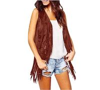 TRIGLIKOLEUM Damen Wildleder Weste Mit Fransen Ethnischen Stil Ärmellose Vest Jacke Große Größen Fransenweste Mantel mit Quasten Herbstjacke Lose Einfarbige Übergangsjacke Mittellange Strickjacke