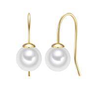 Trilani Damen Ohrringe 925/- Sterling Silber gelbgold | gelbvergoldet 14 Karat, Ohrhänger, Muschelkernperle, ca. 8,0 - 9,0 mm, weiß, rund
