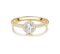 Trilani Damen Ring 925/- Sterling Silber gelbgold | gelbvergoldet 14 Karat, Solitärring, Zirkonia, weiß, Brillantschliff, Antragsring, Verlobungsring, Pavékranz