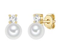 Trilani Damen Ohrstecker aus 925/- Sterling Silber gelbvergoldet mit Zirkonia/Süßwasser-Zuchtperle 6-7 mm Perlenohrstecker Brautschmuck