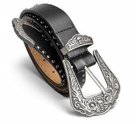 Trimming Shop Schwarz Western Gürtel PU Lederband Vintage Schnalle Rund Rotgold Nieten Nieten Cowboy Gürtel Freizeit Zubehör 25mm Breit - Aus Rotguss, X-Large