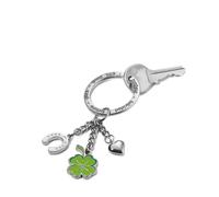 Troika Schlüsselanhänger mit 3 Anhängern Hufeisen, Kleeblatt, kleines Herz, XL-Ring graviert mit Glück in verschiedenen Sprache