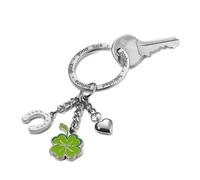 Troika Schlüsselanhänger mit 3 Anhängern Hufeisen, Kleeblatt, kleines Herz, XL-Ring graviert mit Glück in verschiedenen Sprache