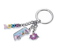 Troika VW-Nostalgie-Schlüsselanhänger CALIFORNIA T1 - 3 Charms: VW Bulli, Blume, "Love"-Schriftzug - Official licensed by Volkswagen - Metallguss/Emaille - glänzend Original