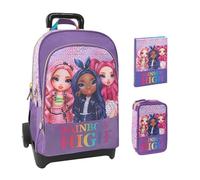 Trolley mit abnehmbarem Rucksack, Rainbow High Violett, 2 Fächer, gepolsterte Schultergurte, für Mädchen, Grundschule + Federmäppchen mit 3 Etagen + Tagebuch 2025-2026 + Schlüsselanhänger mit