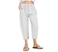 Trousers For Women Pumphose Damen Jeans Damen Stretch Elastische Taille Einfarbiges Tunnelzug 3/4 Hose Mit Taschen Baumwoll Leinen Locker Chino Hose Leicht Stoffhose Schnittschutzhose (Weiß, M)