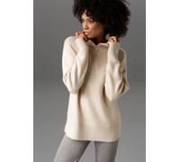 Troyer ANISTON CASUAL, Damen, Gr. 40/42, beige (sand), Feinstrick, Obermaterial: 74% Polyacryl, 23% Nylon, 3% Elasthan, unifarben, lässig geschnitten hüftlang, Strickbündchen, Pullover Troyer, mit Rei