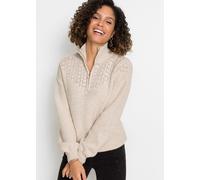 Troyer BONPRIX, Damen, Gr. 36/38 (S), beige (sand), Obermaterial: 86% Polyacryl, 8% Polyester, 6% Polyamid, unifarben, figurumspielend, Bündchen, Pullover Troyer, aus Ajourstrick, mit Stehkragen, figu