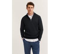 Troyer BUGATTI "Regular Fit", Herren, Gr. L, blau (390, marine), Strick, 95% Baumwolle, 5% Kaschmir, unifarben, regular fit, ohne Ausschnitt, Rippbündchen, Pullover Troyer, aus Baumwolle-Kaschmir mit