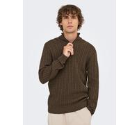 Troyer ONLY & SONS "ONSLOUI REG 12 CABEL HALF ZIP KNIT", Herren, Gr. L, coffee bean detail:melange, Strick, Obermaterial: 60% Baumwolle, 20% Nylon, 20% Viskose, meliert, regular fit hüftlang, hoch ges