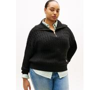 Troyer TOMMY HILFIGER CURVE "CRV CO CABLE MID GG 1/2 ZIP SWT", Damen, Gr. 48, schwarz, Strick, Obermaterial: 100% Baumwolle, unifarben, Rippbündchen, Pullover Troyer, in großen Größen, mit Zopfmuster