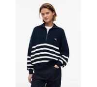 Troyer TOMMY JEANS "TJW STRIPE QUARTER ZIP SWEATER", Damen, Gr. L (42/44), blau (schwarz night navy, stripe), Strick, Obermaterial: 100% Baumwolle, gestreift, normal, hoch geschlossener Ausschnitt, Pu