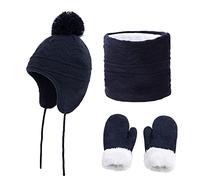 TROYSINC Baby Wintermütze Schal Handschuhe Set, Strickmütze Winter Babymütze mit Bommel, Kinder Bommelmütze Beanie Mütze für 1-6 Jahre Jungen Mädchen (Navy blau,S)