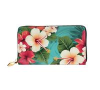 TRSGKSQP Leder Geldbörse für Damen Herren Bifold Wallet Ultra Slim Kreditkartenetui Hawaii Blumen auf grünem Hintergrund Damen Clutch Geldbörse