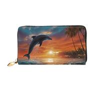 TRSGKSQP Ledergeldbörse für Damen und Herren, Bifold Wallet Ultra Slim Kreditkartenetui Delfine und Palmen Damen Clutch Geldbörse