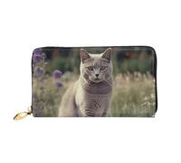 TRSGKSQP Ledergeldbörse für Damen und Herren, doppelt gefaltet, ultradünn, Kreditkartenhalter, graue Katze im Blumenfeld, Damen-Clutch-Geldbörse