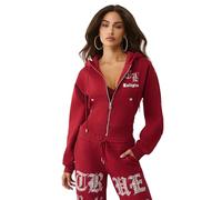 True Religion Crystal Logo Crop Zip Hoodie für Damen - Gemütliche Fleece-gefütterte Baumwollmischung, Rhabarberrot, S