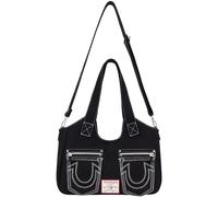 True Religion Damen Satchel Bag Crossbody Geldbörse Handtasche mit Hufeisen Logo Stitching Ranzen, Schwarz