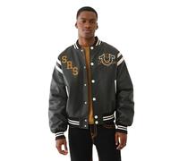 True Religion Herren Retro PU Varsity Jacke - Kunstleder Letterman Bomber mit Logo Patches, Schwarz (Jet Black), M