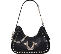 True Religion Unisex, Studded Pebble Shoulder Purse with Horseshoe Logo and Chain Hardware Hobo Bag, Schwarz