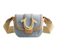 True Religion Women's Crossbody Bag, Denim Mini Flap Adjustable Shoulder Handbag with Horseshoe Logo, Light Blue