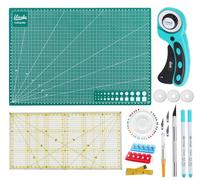 Truevaste Stoffschneider Rollschneider Set, Rotary Cutter mit A3 Schneidematte, 5 Stücke 45mm Ersatzklingen, Patchwork-Lineal, Nähzubehör, Rollenschneider Ideal zum Nähen, Basteln, Quilten