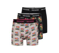 Trunk ONLY & SONS "ONSFITZ AOP WB BOLD BOXER 3PACK NOOS", Herren, Gr. XL, 3 Stk., schwarz detail:cocktail, Jersey, Obermaterial: 95% Baumwolle, 5% Elasthan, bedruckt, unifarben, normal, Unterhosen, Ba
