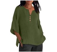 tsaChick Bluse Damen Baumwolle Leinen 3/4 Arm Damen Oberteile Tunika Bluse Elegant Kurzarm Sommer Armee Grün XL