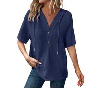 tsaChick Blusen Damen Kapuze Tunika Kurzarm Leicht Tshirt Lässige Locker Oberteil Kordelzug Button Up Hemd Waffelstrick Bluse Elegant V Ausschnitt Top