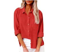 tsaChick Blusen & Tuniken Für Damen Leinen Basic Oberteile Elegant mit Sommer Blusen Knopfleiste Kurzarm Oberteile Einfarbig Shirts Shirt Langärmeliges Hemd Tasche Oversized Reverskragen Top X1807
