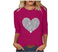 TsaChick Blusenshirt Damen Langarm Valentinstag Shirt Rundhals 3/4 Ärmel Lose Blusenbody Nachthemd Pull On Herz Langarmshirts Tops Bauchfrei Sexy LTA69