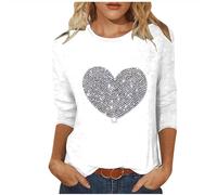 tsaChick Blusenshirt Damen Langarm Valentinstag Tops Rundhalsausschnitt 3/4-Arm Frauen Locker Bustier Tunika Pull-On Herzen Blusen & Tuniken für Damen Oberteile Damen Elegant Schwarz LTA70
