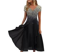 tsaChick Damen äRmelloses Mesh Chiffon Abendkleid S-3XL Elegantes Besticktes Einfarbiges Wadenlanges Netzfaltenkleid Solide Hohe Taille Ballkleid Partykleid Frauen MäDchen Umstandskleider