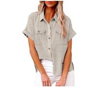 tsaChick Damen Bluse Kurzarm Sale Angebote Shirt 3/4 Arm Damen mit Tasche Kläppchenkragen Übergroße Passform Damen Bluse Druckknopf Einfarbig Sommer Damen-Blusen mit Button-down-Kragen DXG12
