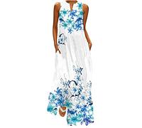 tsaChick Damen Maxikleid Sommer Ärmelloses lockeres langes Kleid mit Taschen S-5XL Elegant Elegant V-Ausschnitt Drucken Boho Strandkleid Casual Lässiges Tanktop Sommerkleid (erhältlich in Übergröße)