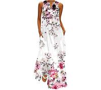 tsaChick Damen Maxikleid Sommer Ärmelloses lockeres langes Kleid mit Taschen S-5XL Elegant Elegant V-Ausschnitt Drucken Boho Strandkleid Casual Lässiges Tanktop Sommerkleid (erhältlich in Übergröße)
