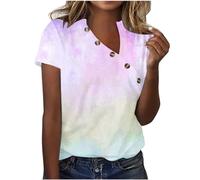 tsaChick Damen Poloshirt Kurzarm Sale Angebote Bluse Damen Kurzarm Oberteile Loose Fit Shirt Weiß Damen 48 Lässig Sommer V-Ausschnitt Farbverlauf Schräge Schulter Blusen & Tuniken für Damen DXI80