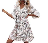 tsaChick Damen Sommerkleid Kurzärmeliges Bohème Kleid Halbe Ärmel V-Ausschnitt Knielang Spitze verschönert A Line Kleid Vintage Prinzessin Stil Prom Kleid midi Kleid Frauen Mädchen Umstandskleider