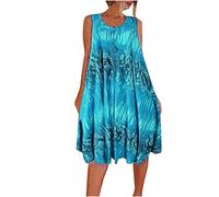 tsaChick Damen Sommerkleid Lose Plus Größe Tank Kleid S-5XL Ärmelloses Rundhalsausschnitt großem Saum bedrucktes Strandkleid Freizeitkleid knielanges Skaterkleid Frauen Mädchen Umstandskleider