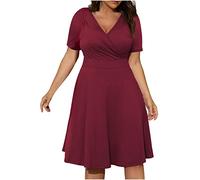 tsaChick Damen Sommerkleid üBergrößE Kleider L-5XL Hohe Taille Niedriger Schnitt Sexy Knielanges Abendkleid V-Ausschnitt KurzäRmeliges Einfarbiges Partykleid Frauen MäDchen Umstandskleider
