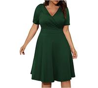 tsaChick Damen Sommerkleid üBergrößE Kleider L-5XL Hohe Taille Niedriger Schnitt Sexy Knielanges Abendkleid V-Ausschnitt KurzäRmeliges Einfarbiges Partykleid Frauen MäDchen Umstandskleider