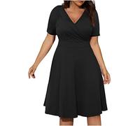 tsaChick Damen Sommerkleid üBergrößE Kleider L-5XL Hohe Taille Niedriger Schnitt Sexy Knielanges Abendkleid V-Ausschnitt KurzäRmeliges Einfarbiges Partykleid Frauen MäDchen Umstandskleider
