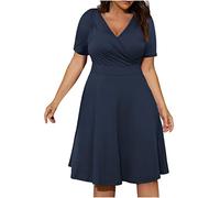 tsaChick Damen Sommerkleid üBergrößE Kleider L-5XL Hohe Taille Niedriger Schnitt Sexy Knielanges Abendkleid V-Ausschnitt KurzäRmeliges Einfarbiges Partykleid Frauen MäDchen Umstandskleider